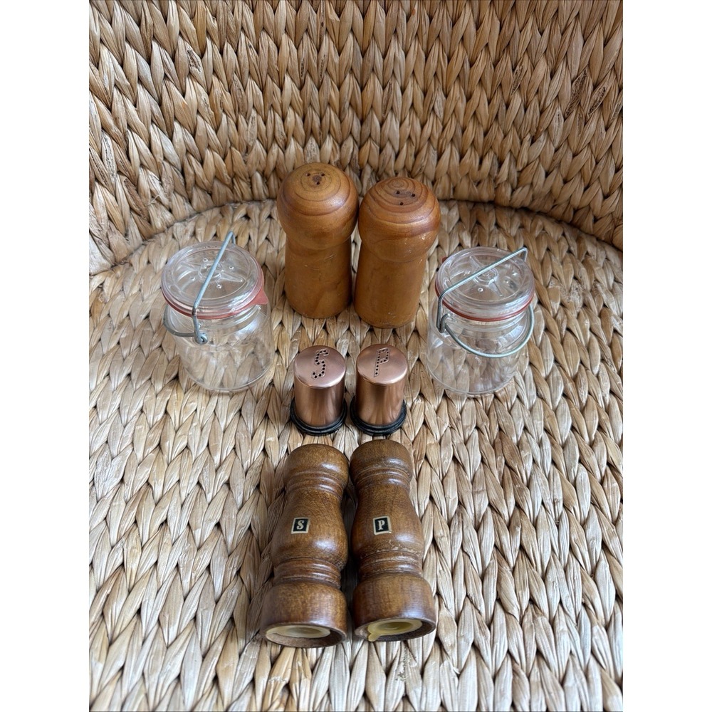 Vintage salt and pepper Shakers - wood, Plastic, Lot Of 4 Sets